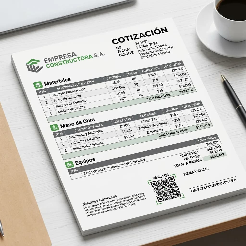 Detalle de cotización premium con logo corporativo y código QR